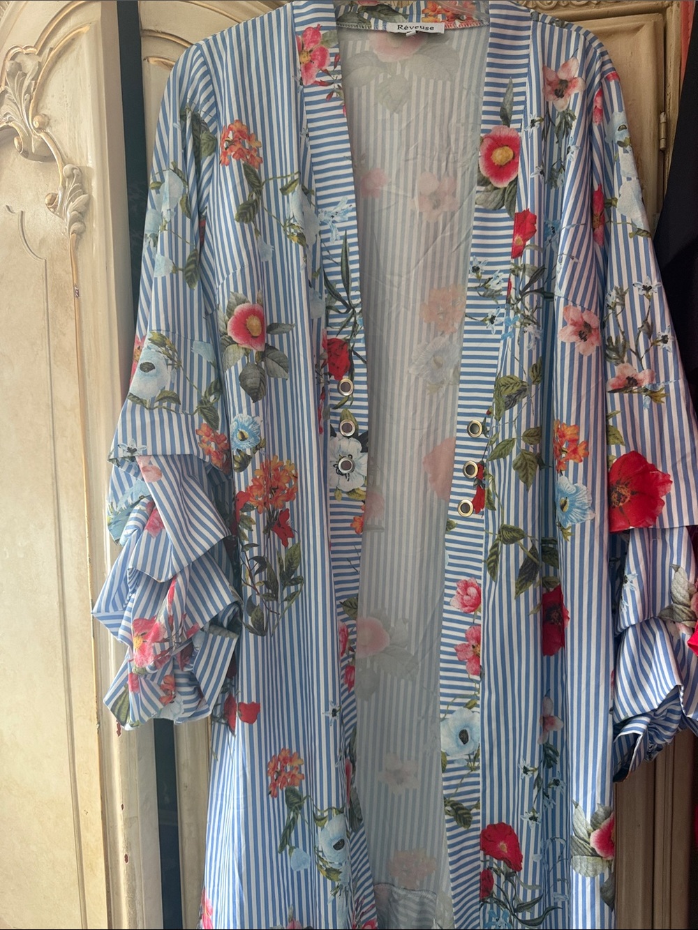 Floral Stripe Kimono Robe in Blue and Multi